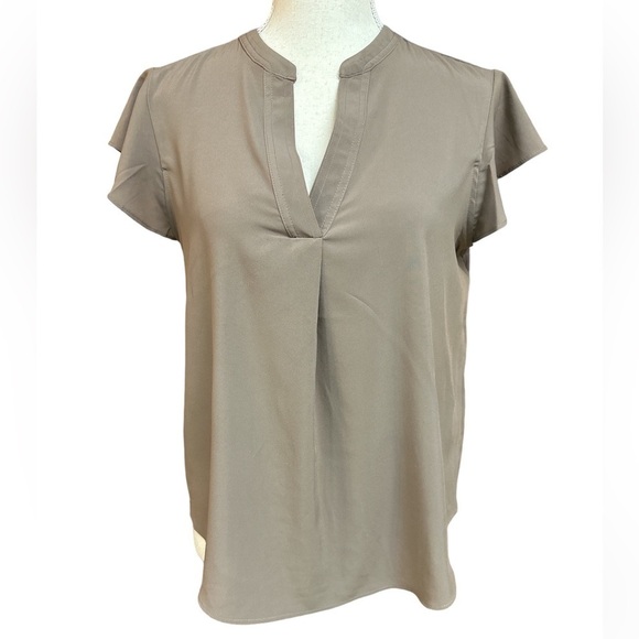 Calvin Klein Light Taupe V-Neck Flutter Cap Sleeve Popover Dress Blouse S - Picture 1 of 9